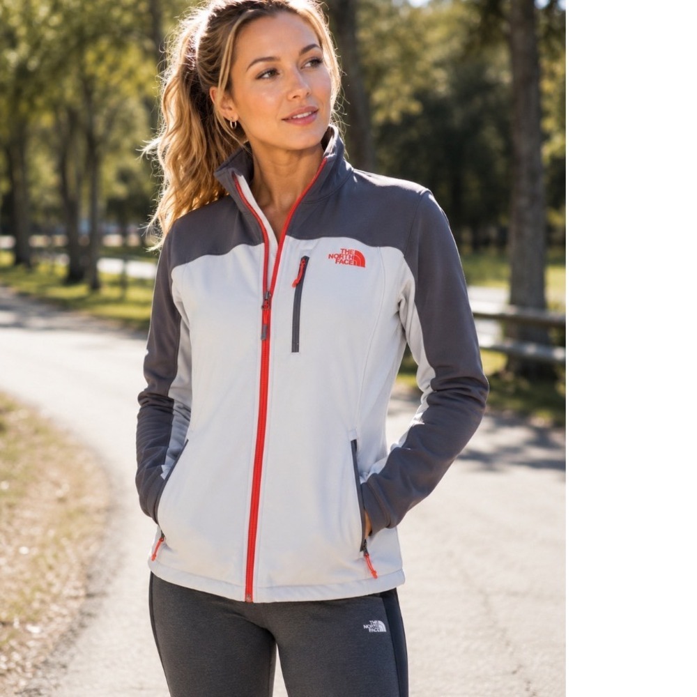 The North Face large Grey Colorblock Softshell Full Zip Jacket Orange Trim